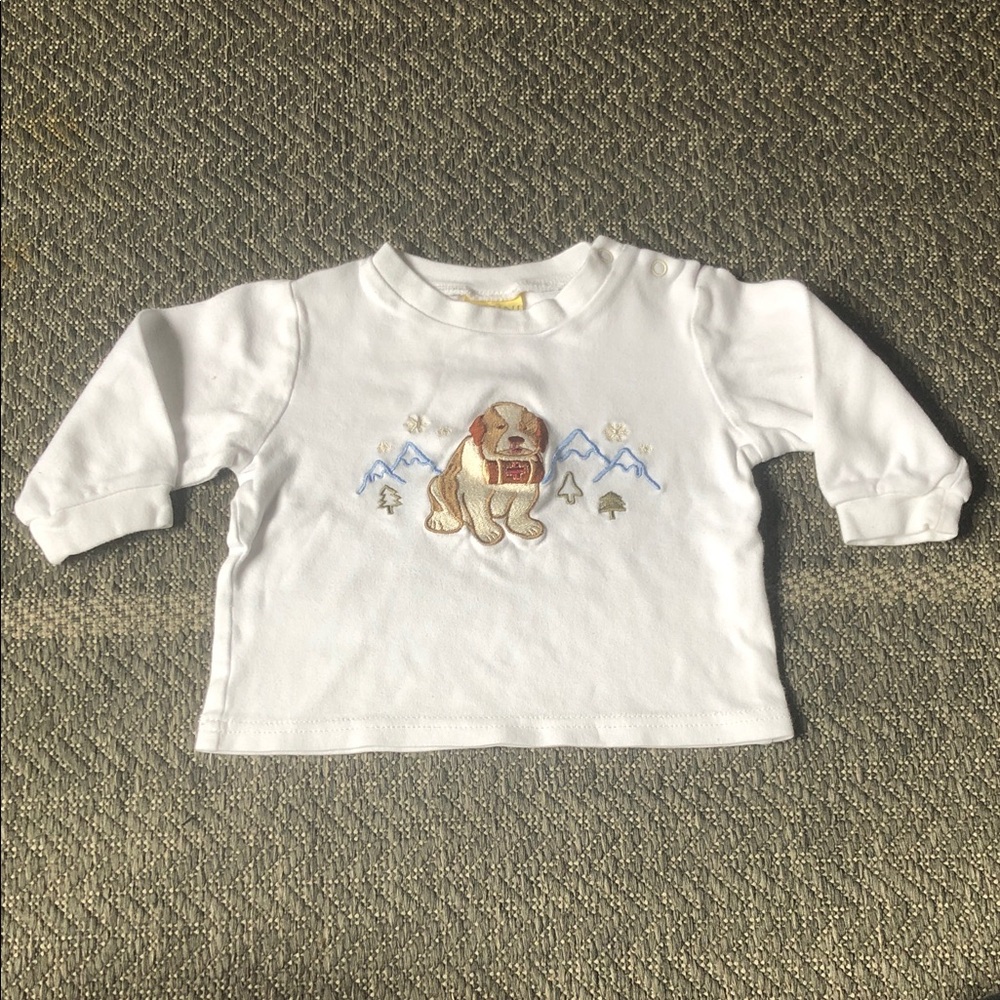 White Long-Sleeve Baby Tee with Embroidered Dog